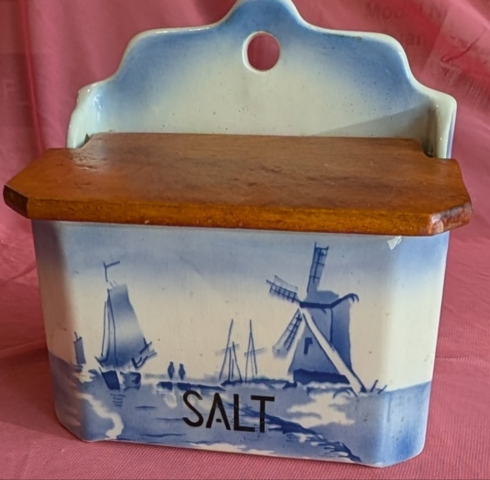 Vintage Czechoslovakian Ceramic Salt Box with Blue and White Design